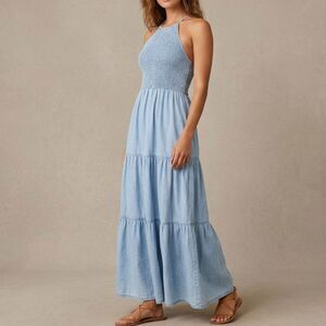 Venus Denim Maxi Dress Size Medium Cotton Smocked Boho Coastal Summer